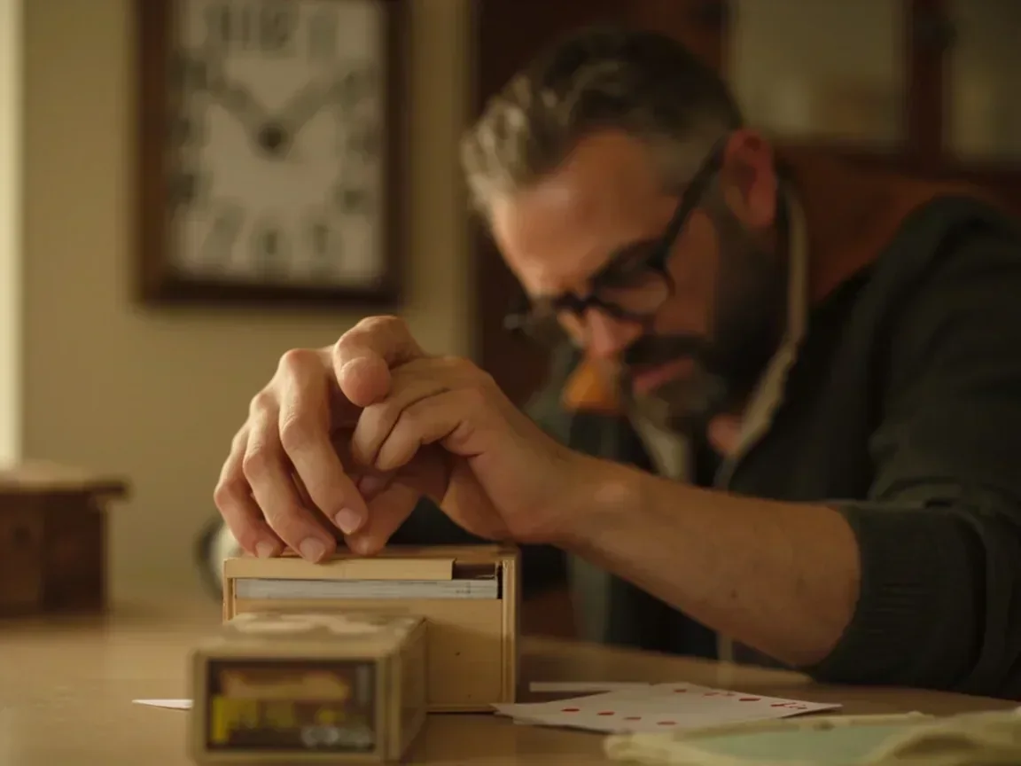 Adult closing a wooden box over a paper deck with a palm on the lid