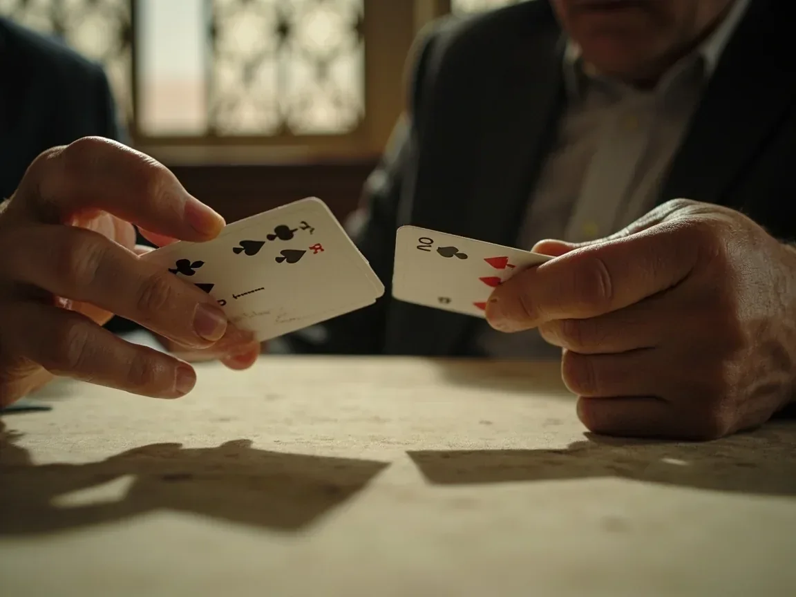 Two clearly adult hands exchanging a closed rummy deck