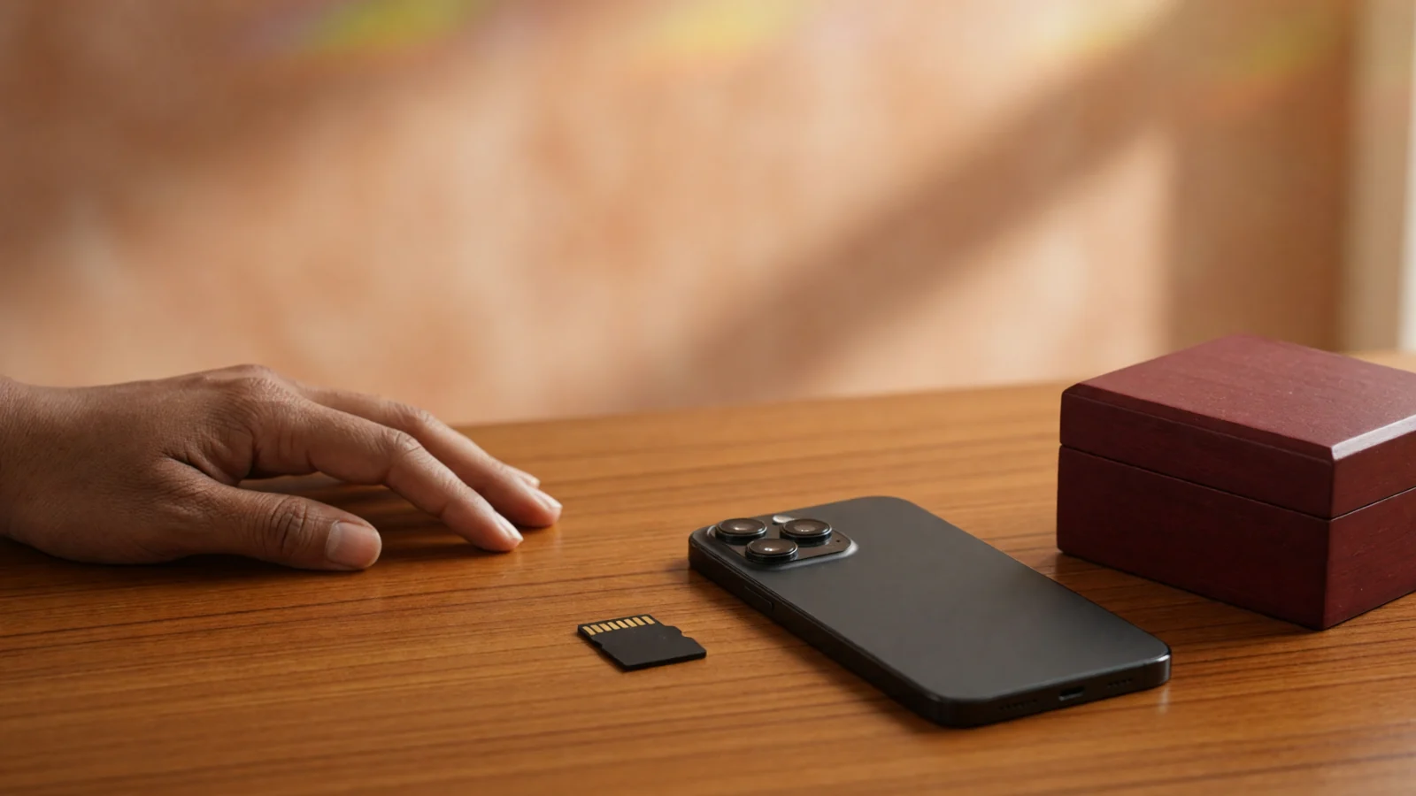 Face-down phone beside a blank memory card and a closed rummy box