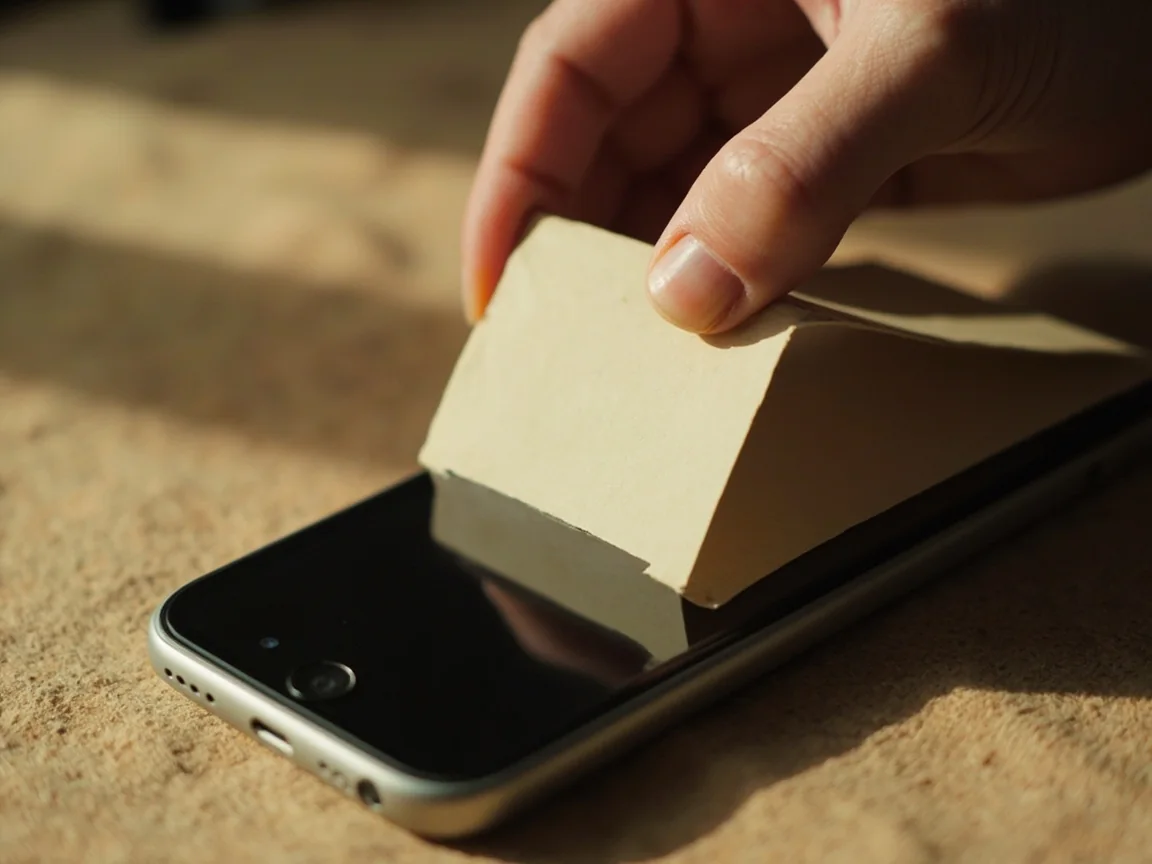 Blank cream card covering a face-down phone, adult fingers holding it in place