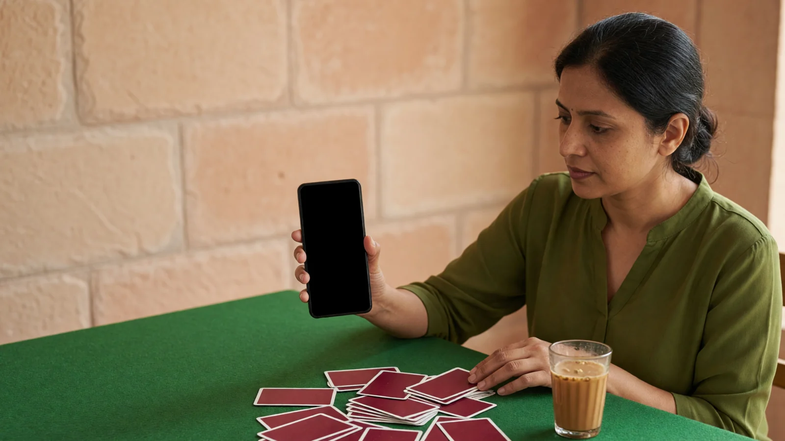 Woman seated at the rummy table holding a phone with a fully black screen