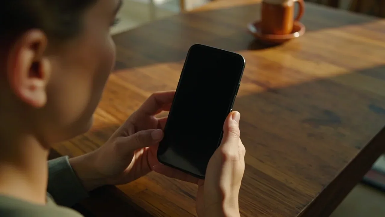 Adult woman holding a black-screen phone beside a teak rummy table