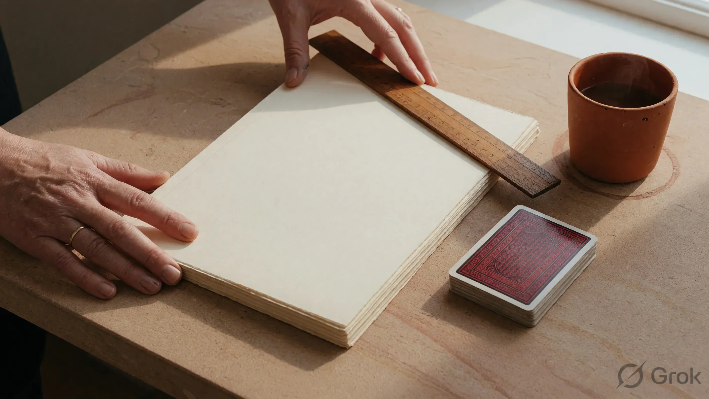 Blank cream folio and a wooden ruler on a sandstone desk