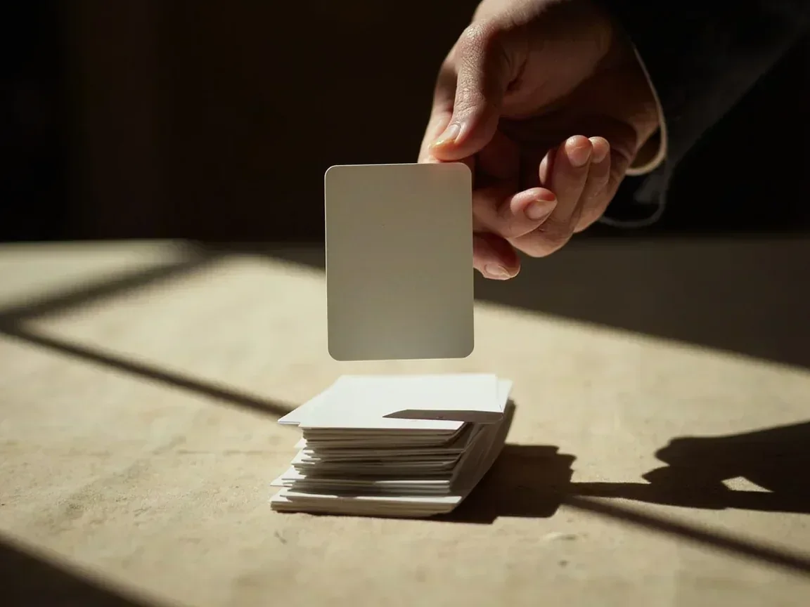 Fingertips lifting the top card of a closed stock pile without showing its face