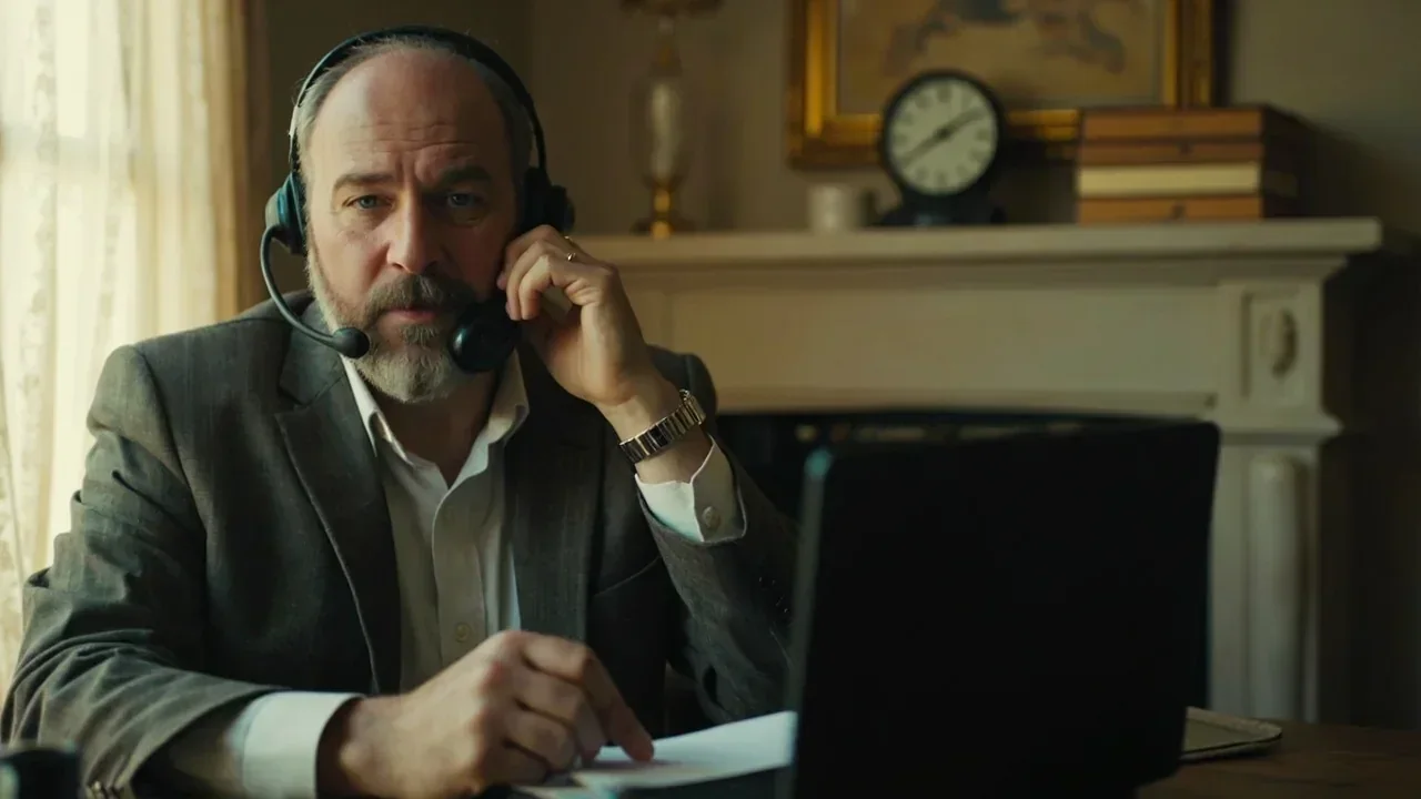 Adult man holding a plain black handset at a sandstone sideboard