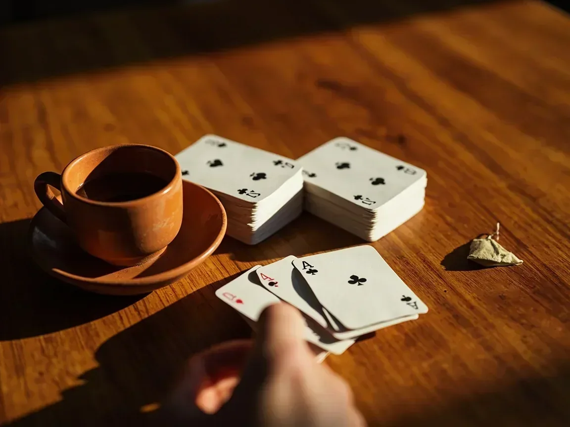 Two remaining deal stacks of cards beside a discard pile and a terracotta saucer