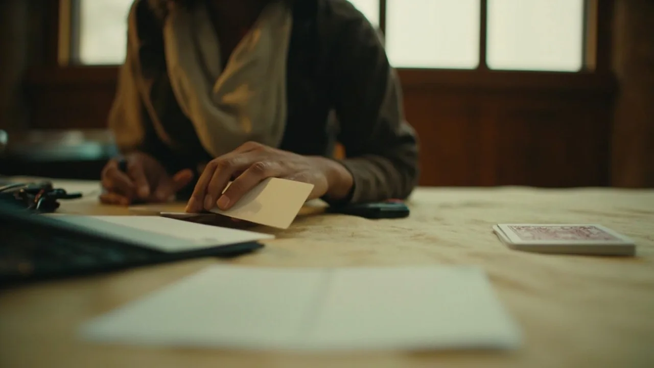 Closed laptop and blank cream card on a sandstone desk beside a rummy deck