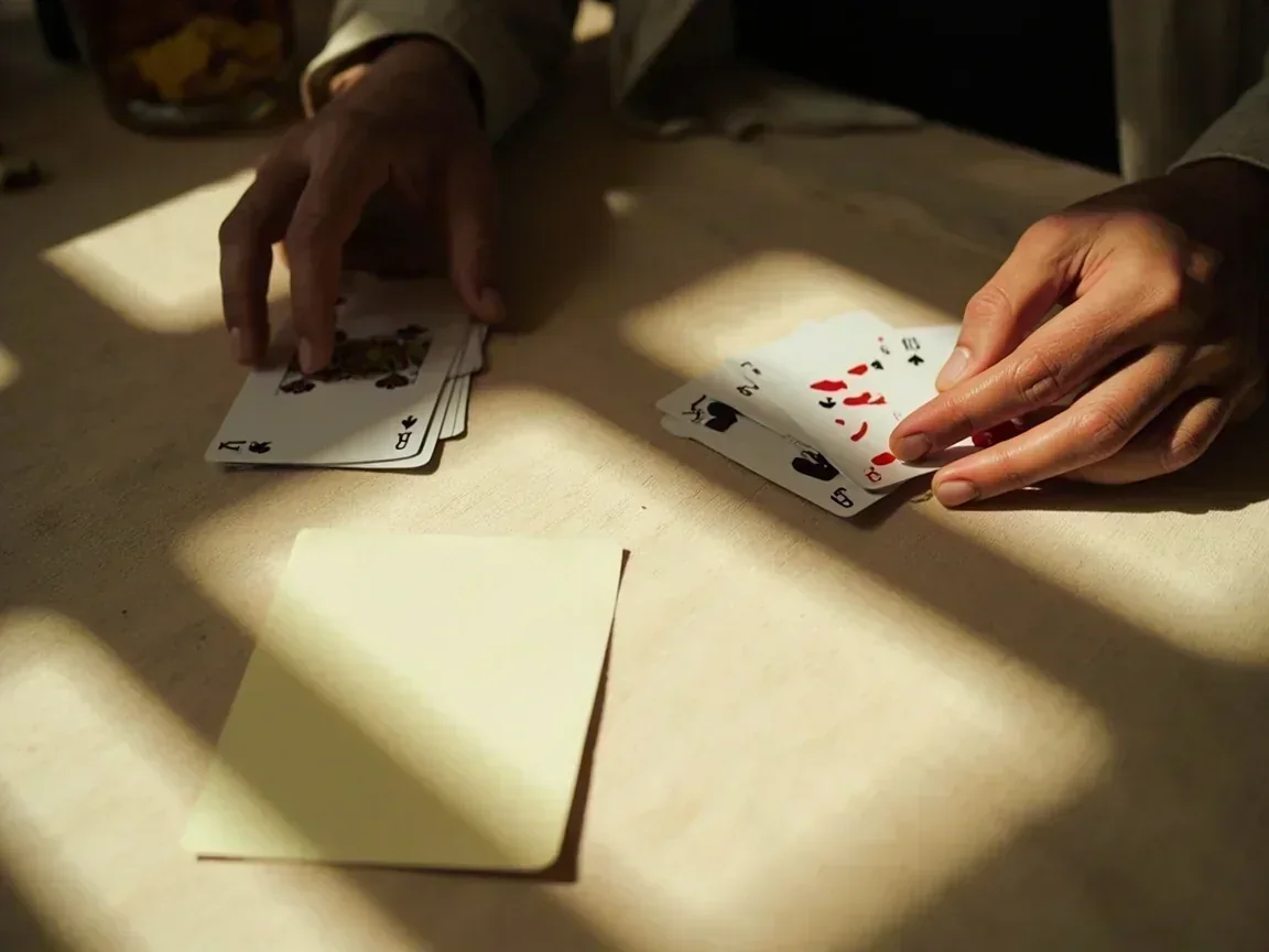 One closed hand set face-down beside an open meld row on linen