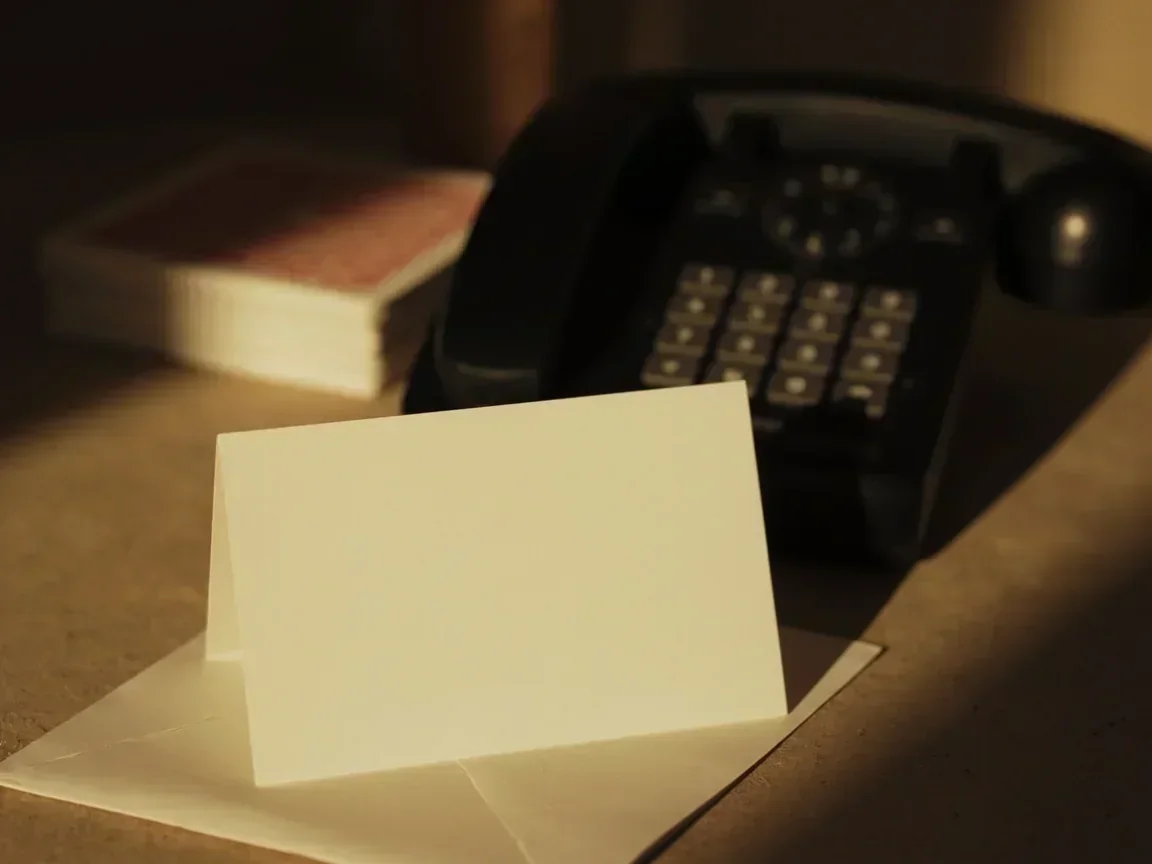 Blank cream card, unmarked envelope and a simple black handset on a side table
