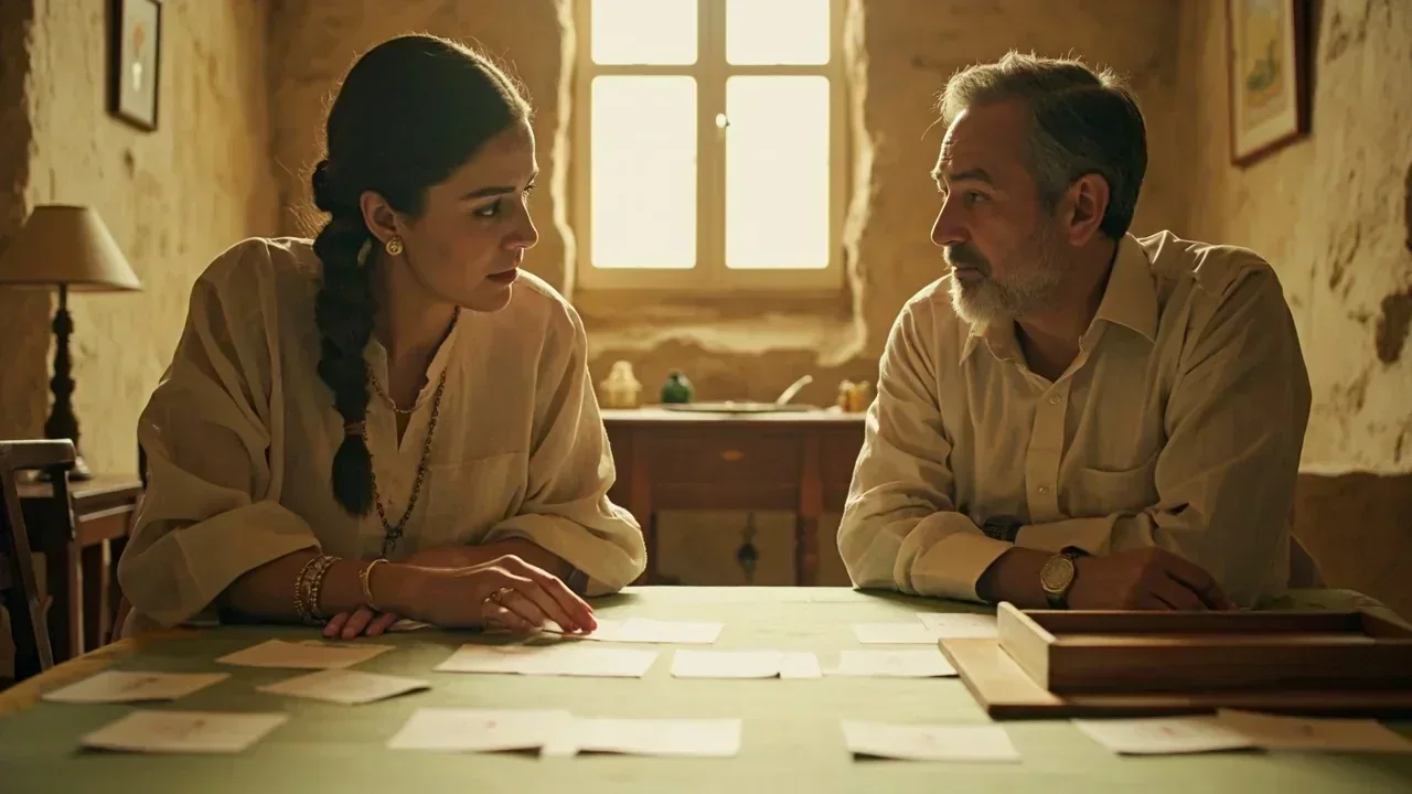 Two adults at a sandstone dining table studying a laid sequence of unbranded cards