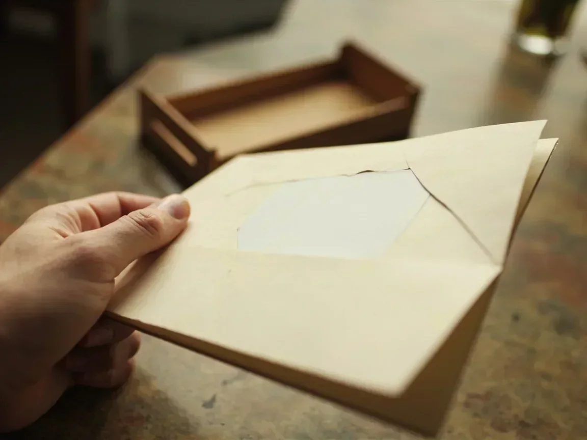 Unmarked cream folio opened onto blank inner paper, adult hands only