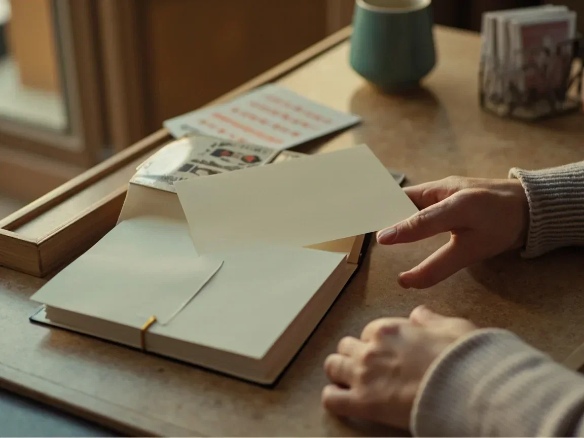 Hands resting on a closed unmarked booklet and a blank cream card