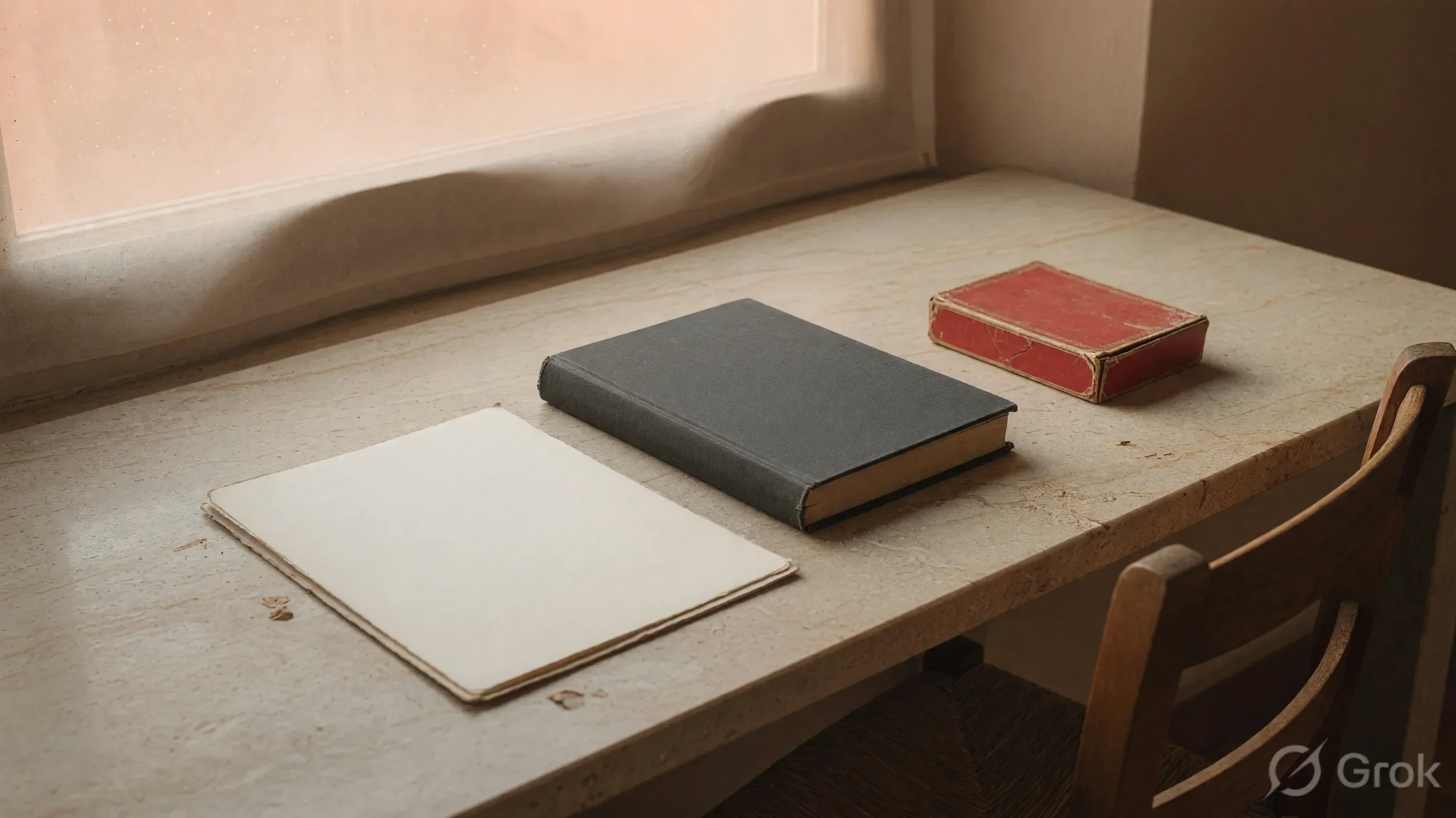 Cloth-bound book and blank folio on a sandstone desk beside a closed deck