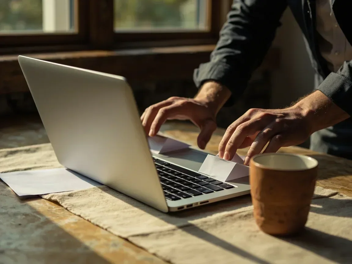 Hands hovering over a closed laptop and a paper card tray