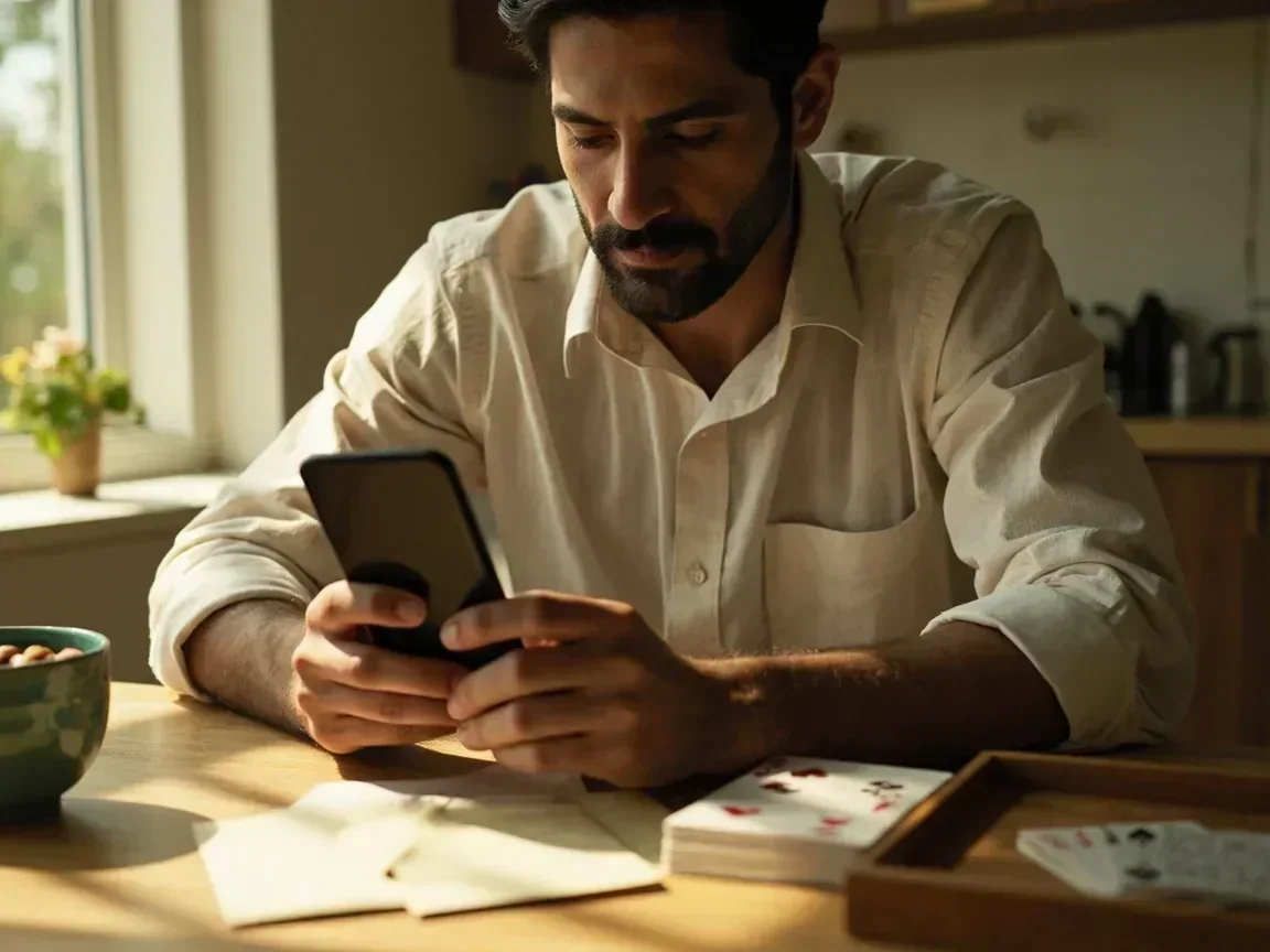 Man placing a face-down phone beside a closed rummy deck on a kitchen table