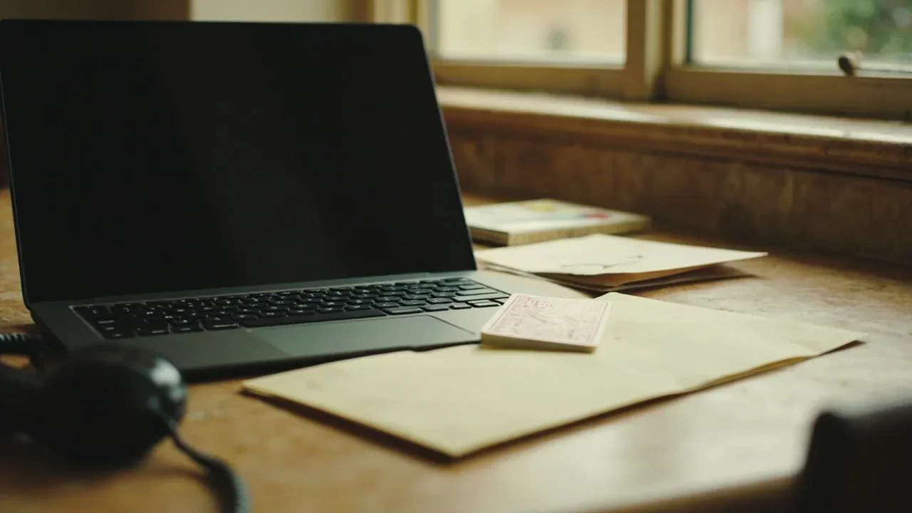 Home desk with a closed laptop, dark phone and cream envelope