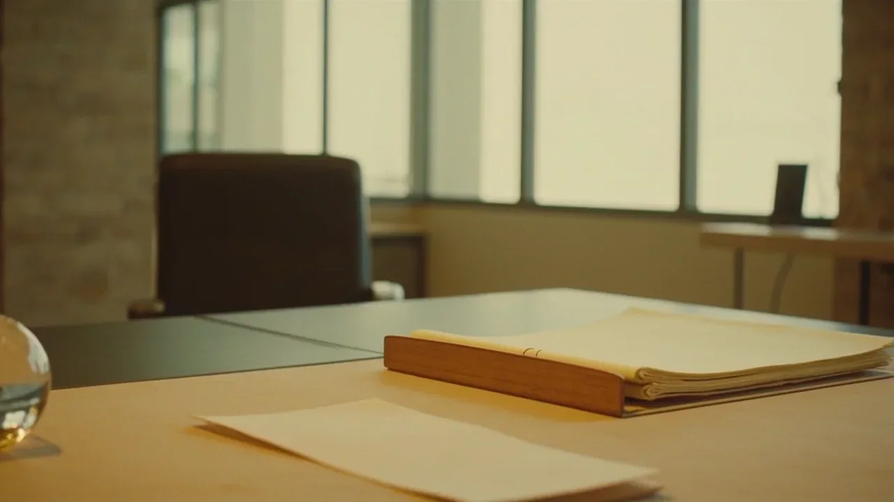 Anonymous sandstone office desk with a blank folder and empty chair
