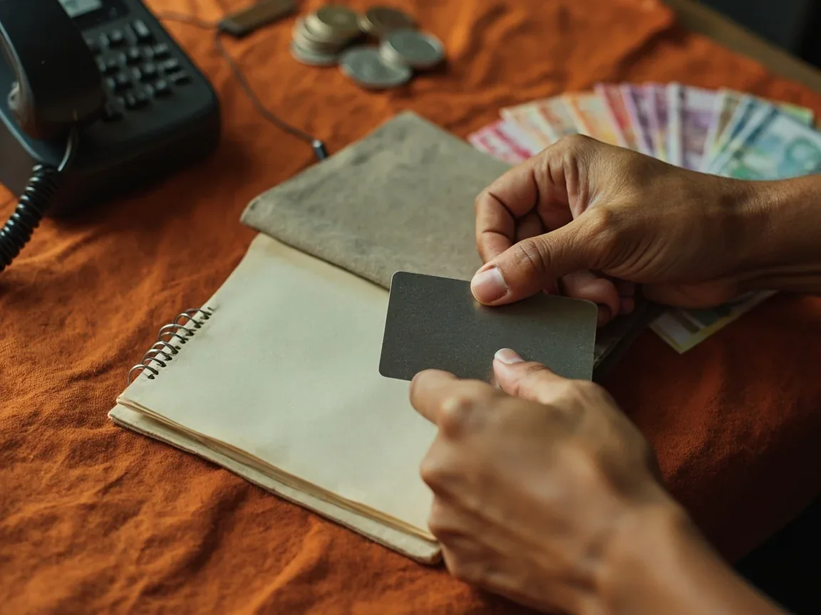 Blank metal card, closed cloth booklet and a turned-off phone on linen