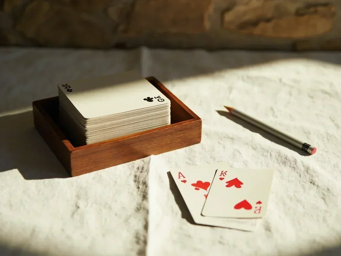 Compact fan of cards lowered onto a small teak tray with one isolated discard