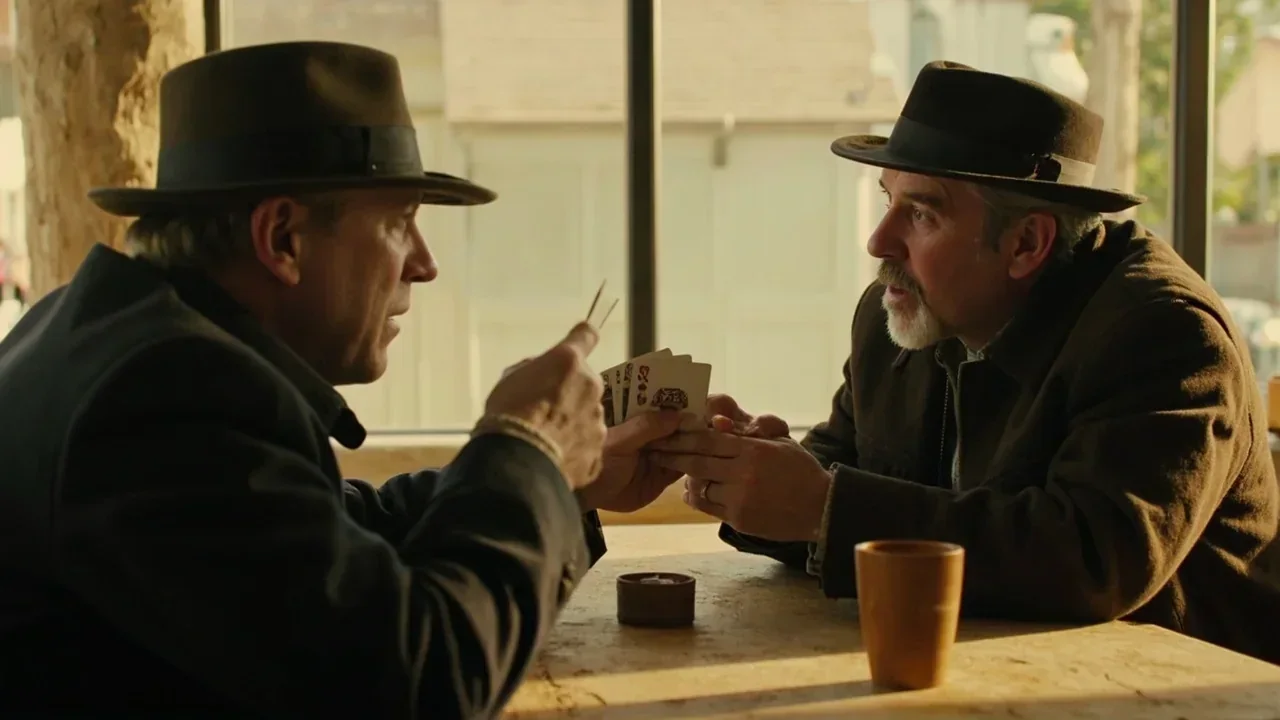 Two adults at a table, one offering a closed deck as a social invite