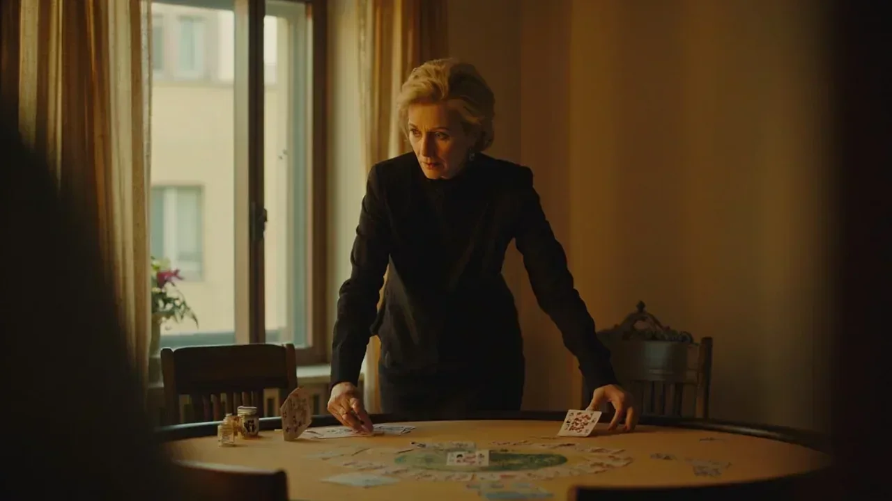 Adult woman leaving a squared rummy table toward an open window