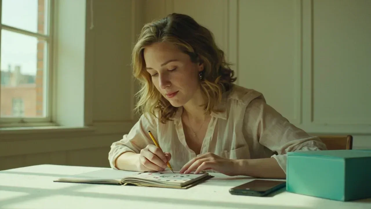 Adult woman at a sandstone desk with a closed card deck and a turned-off phone