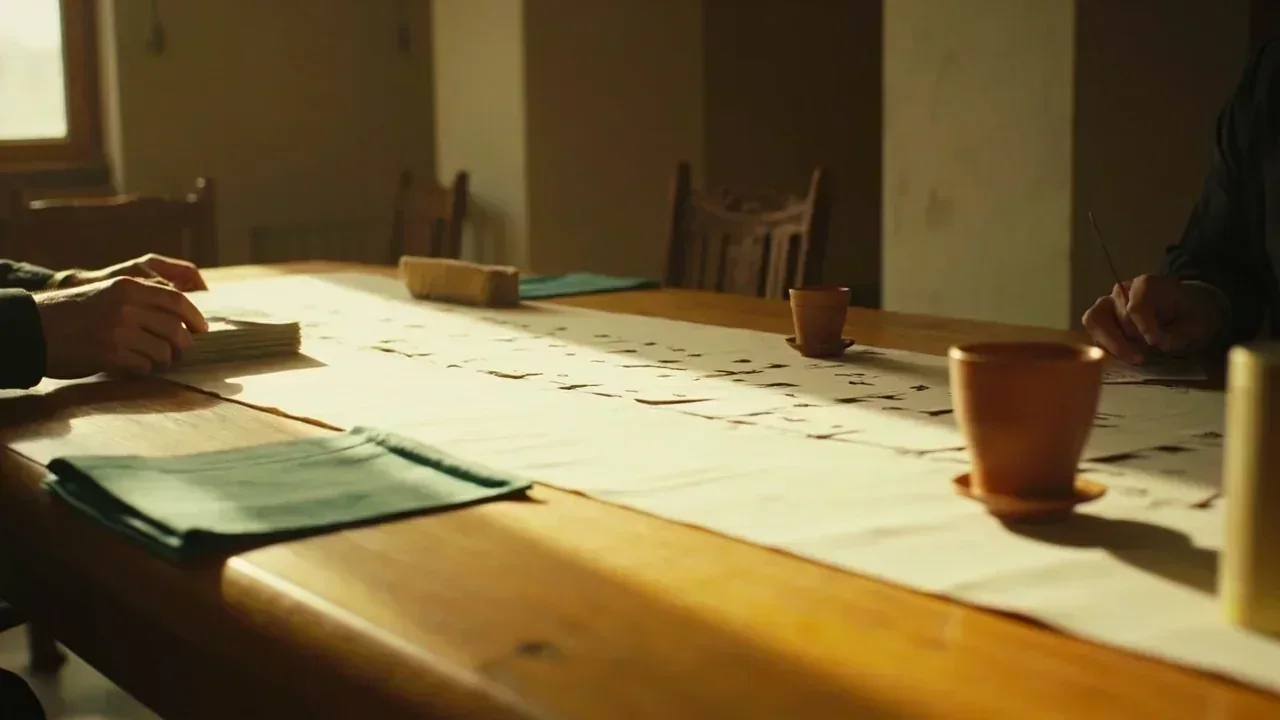 Long teak rummy table in a sunlit sandstone room with a dealer squaring a deck