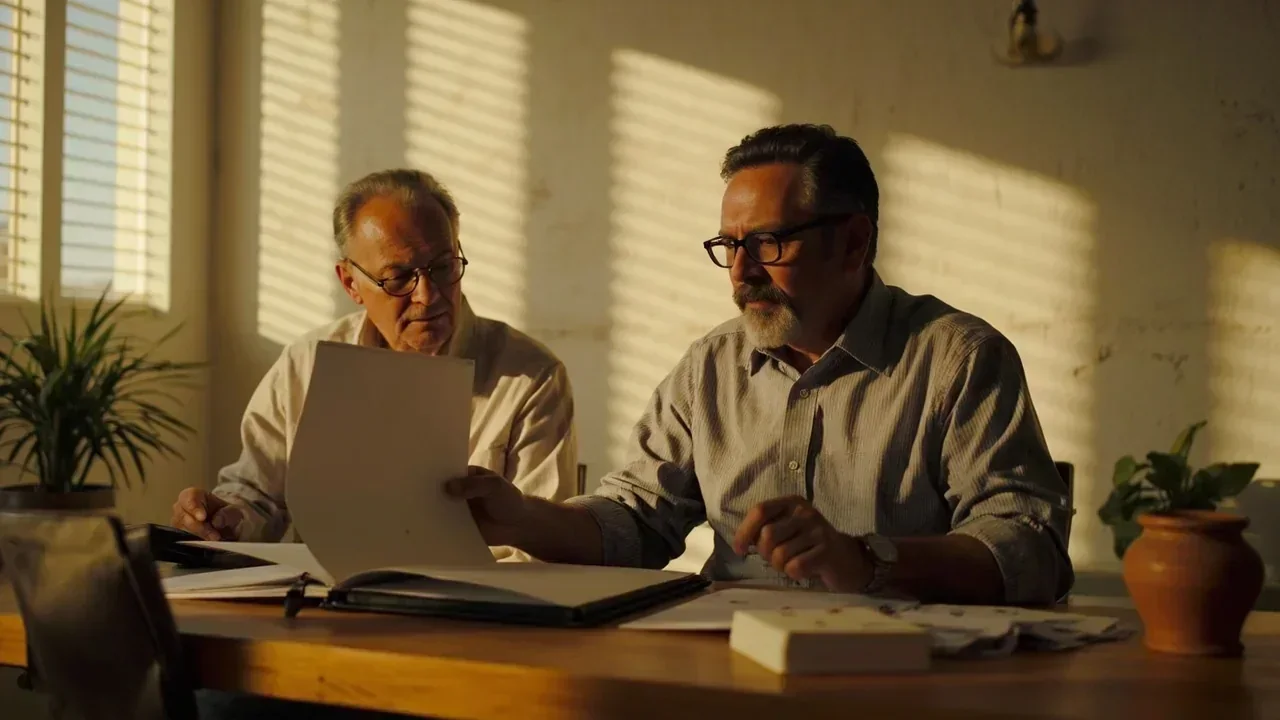 Adult couple reviewing a closed document folio with a rummy deck pushed aside