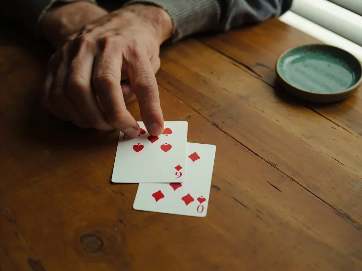 Three cards of matching rank being squared on teak with mixed suit pips