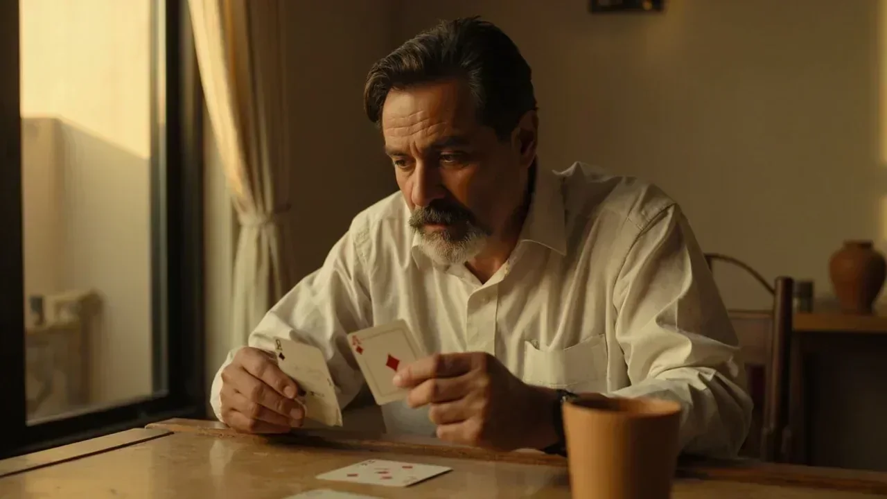 Adult man at a sandstone table deciding which of two cards to keep