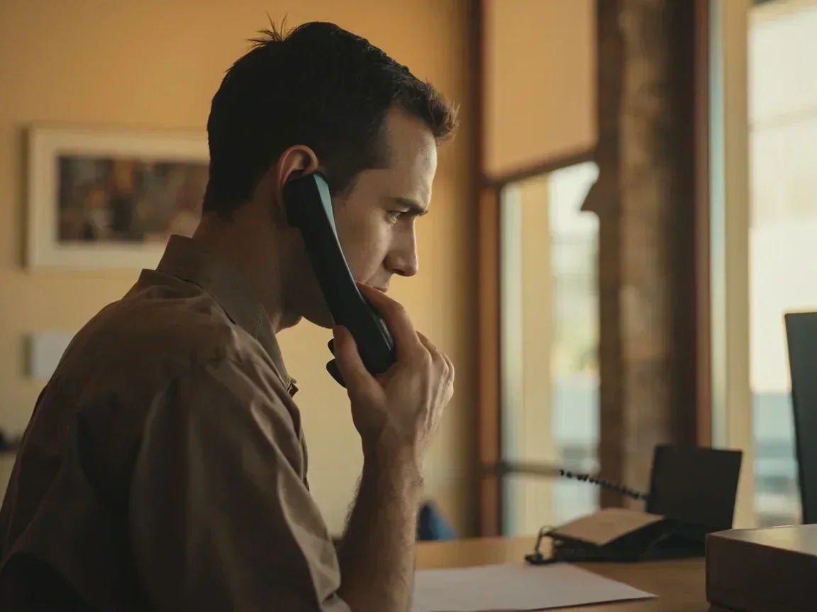 Side view of an adult with a plain black handset at a quiet sandstone counter