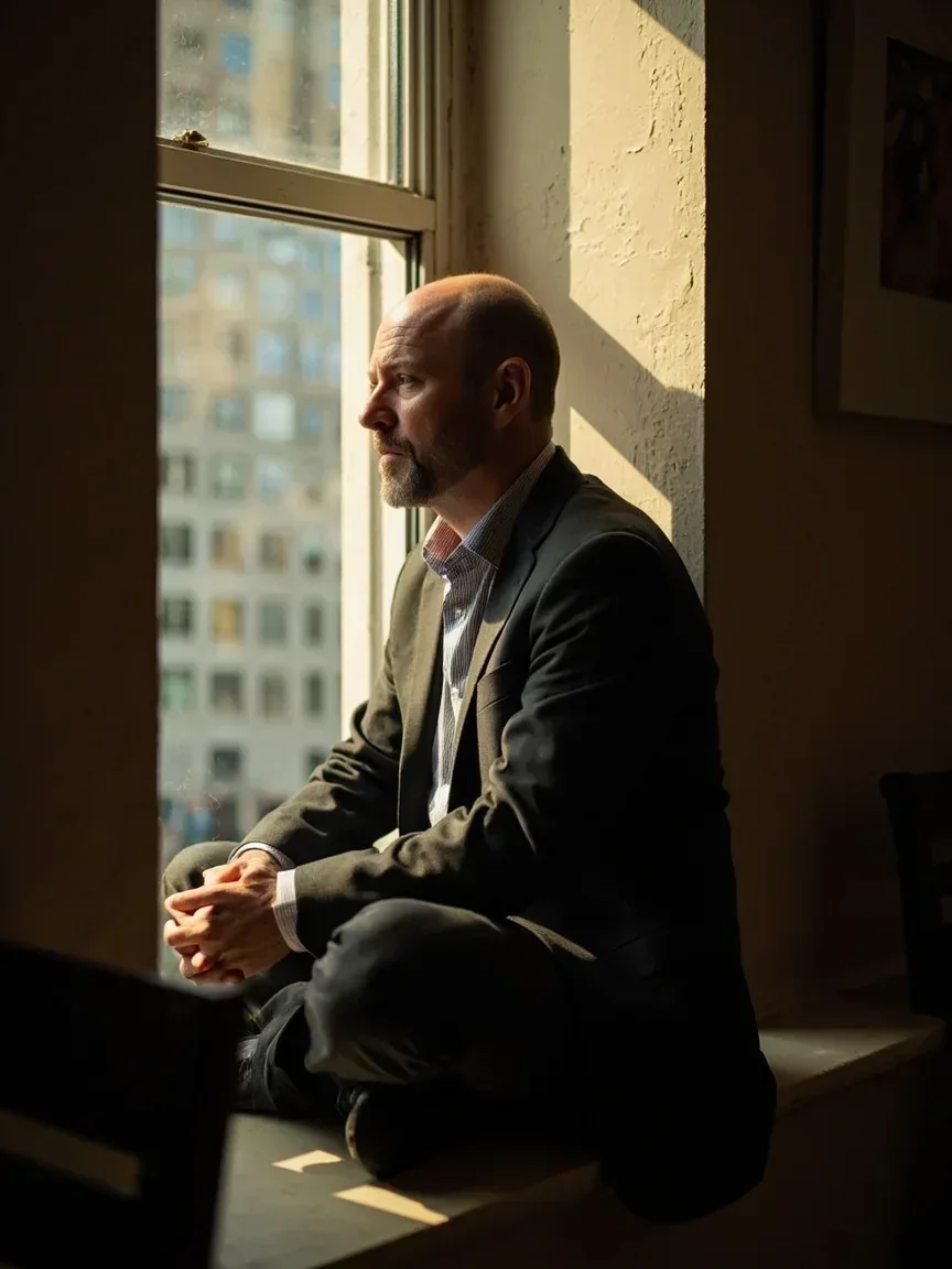 Man on a sandstone window seat with a closed deck on the sill