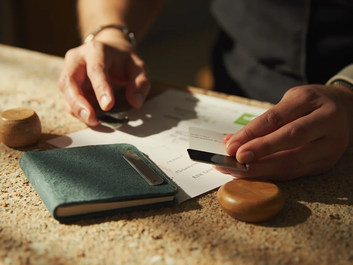 Closed cloth booklet, blank metal card and wooden paperweight
