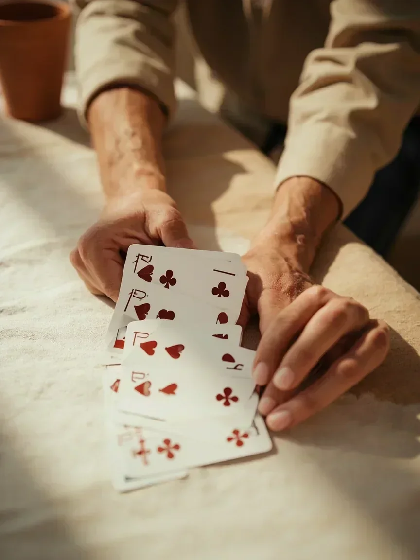 Adult hands placing a same-suit card run on white linen